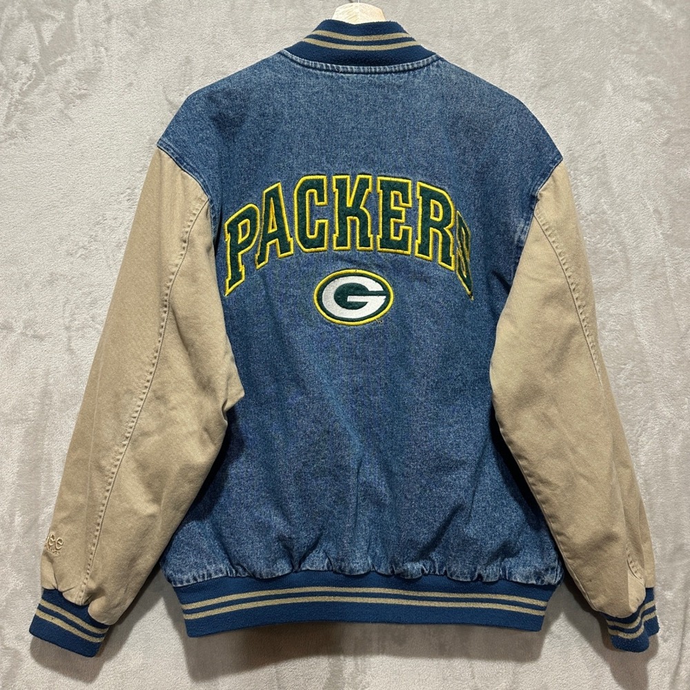VTG Lee Sport Green Bay Packers Denim Varsity Jacket Mens M Blue Tan Bomber NFL